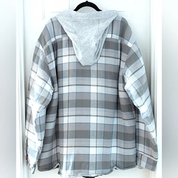 Wrangler Authentic Men's Lined Flannel Jacket Long Sleeve Hooded Gray Plaid, 3XL - Picture 2 of 6